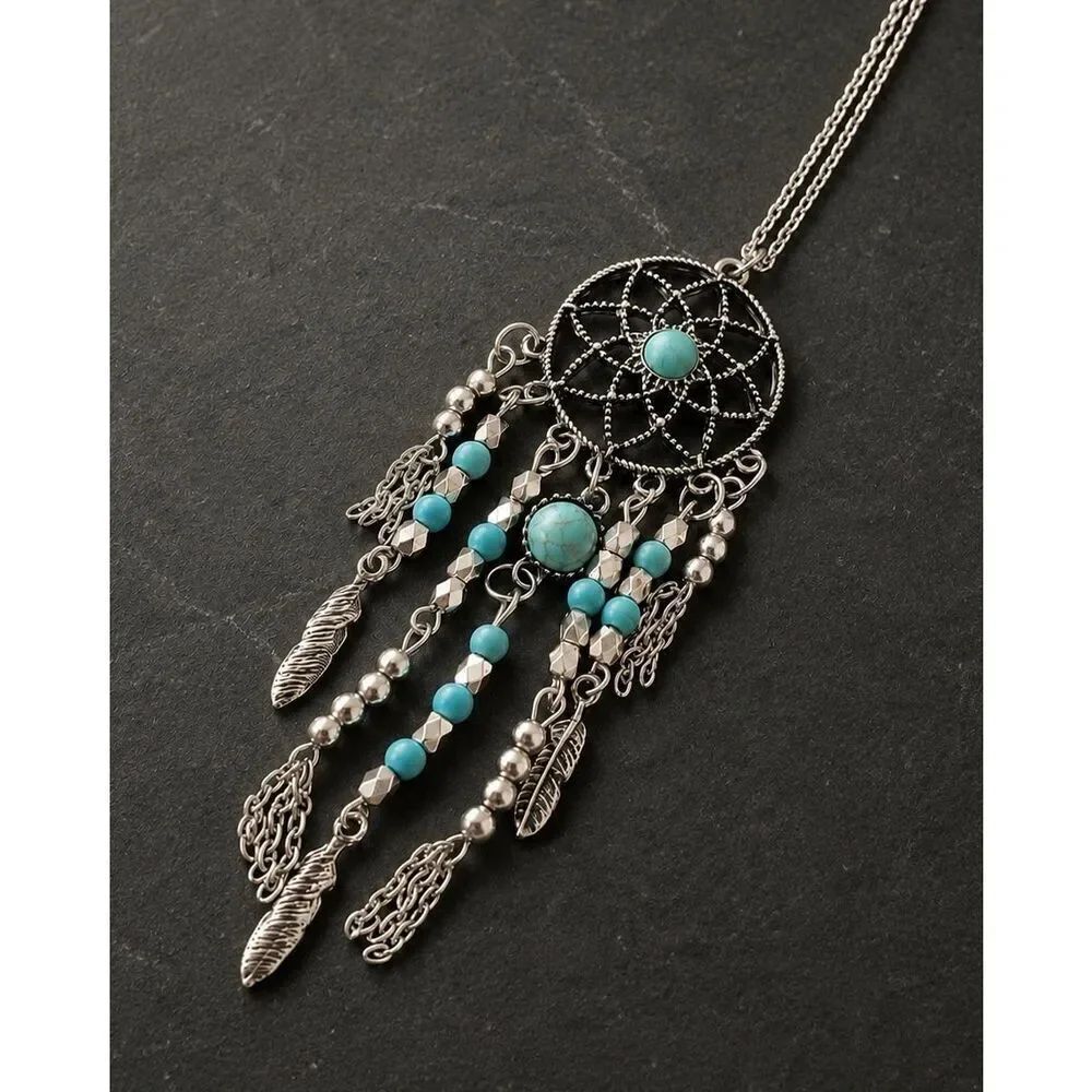 Men’s Turquoise & Feather Dreamcatcher Long Pendant Necklace Silver Tone Tassels